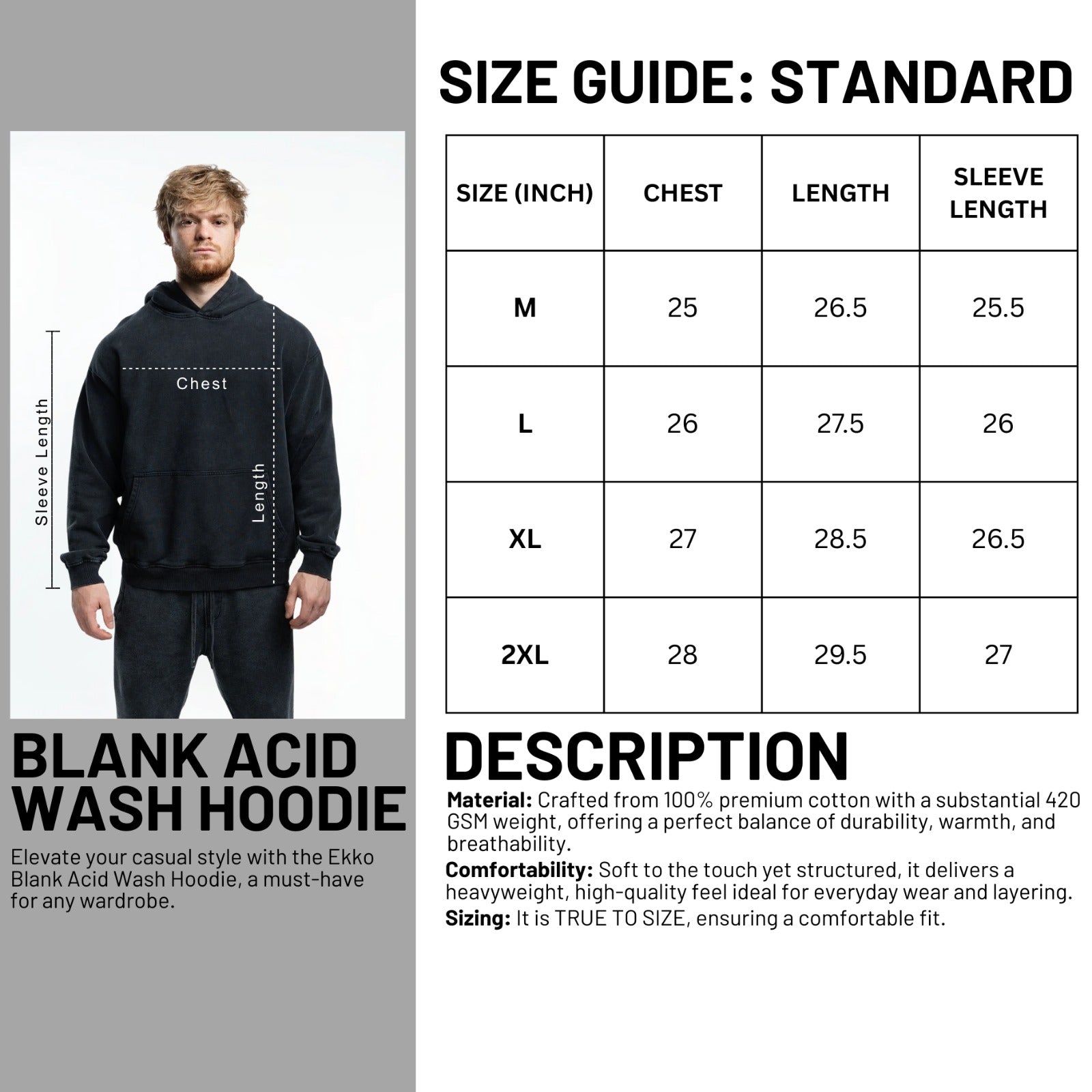 Blank Acid Wash Hoodie - 420 GSM 100% Cotton