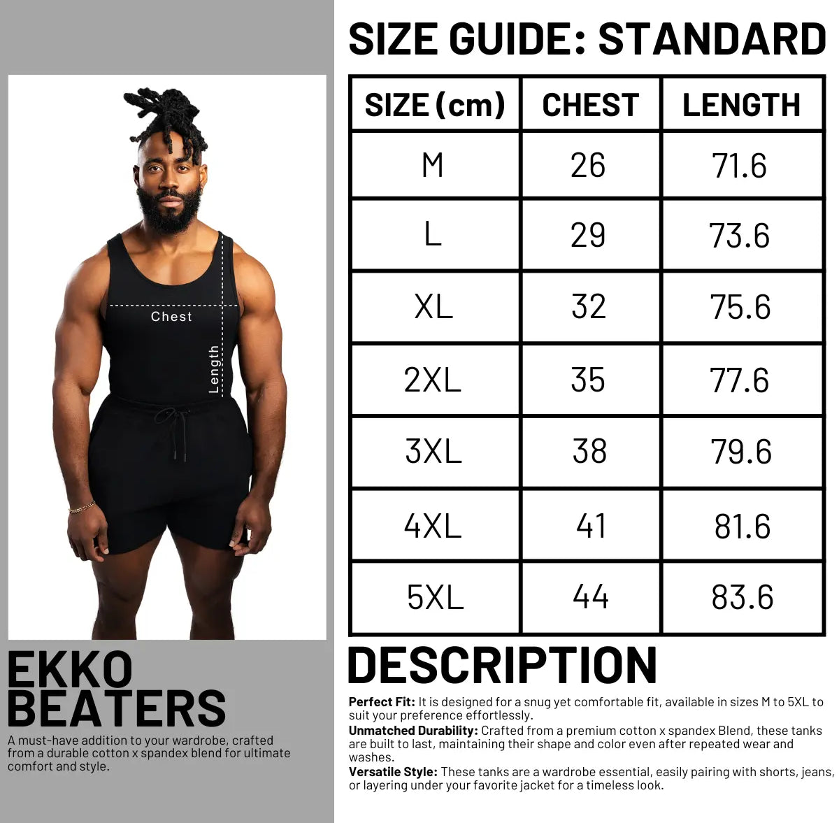 EKKO BEATERS (Please Size up) Cotton Spandex 340gsm Sleeveless Shirt Classic Tank Top - Men's Shirt with Classic Design Fitness Wear Athletic Wear - ekkovision